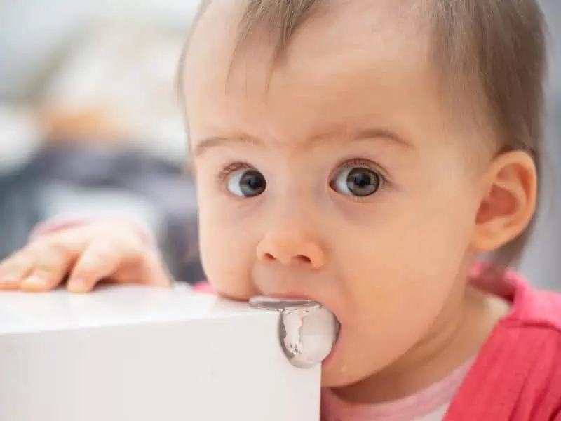 baby eating a table corner